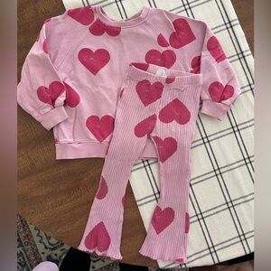 Zara 2-3 Matching Set Crewneck and Ribbed Flare Leggings Pink Heart Print